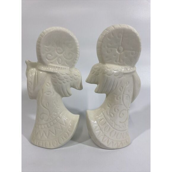 Vintage Midcentury 60s Ceramic Angel Figurine Set White Geometric Design 8.5” - Picture 4 of 5